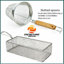 Eco-friendly kitchenware double mesh fine strainers deep fry baskets food grade stainless steel slotted spoon